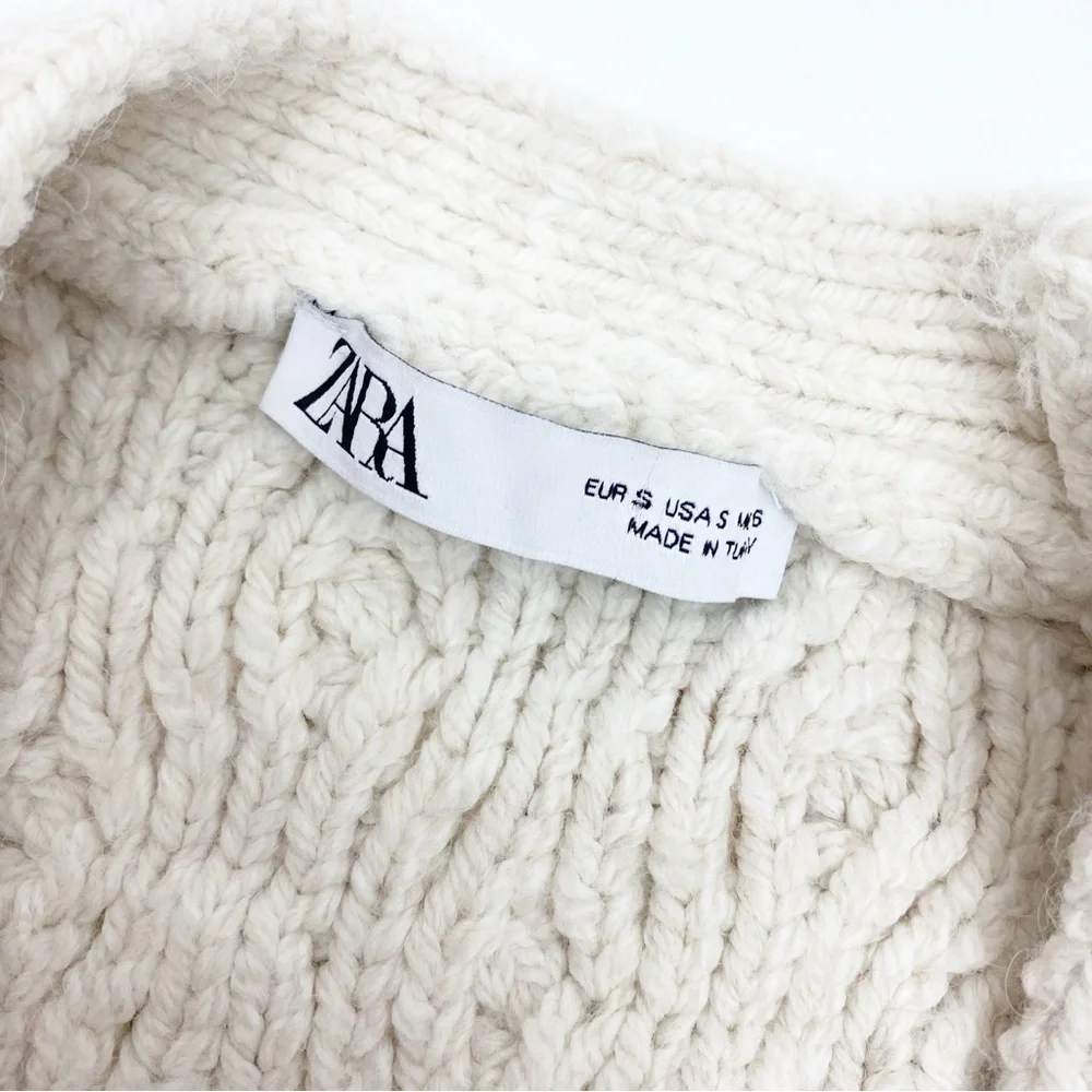 Zara Cable Knit Soft Chunky Cropped Button Front V Neck Cardigan Sweater Ivory - Picture 13 of 14